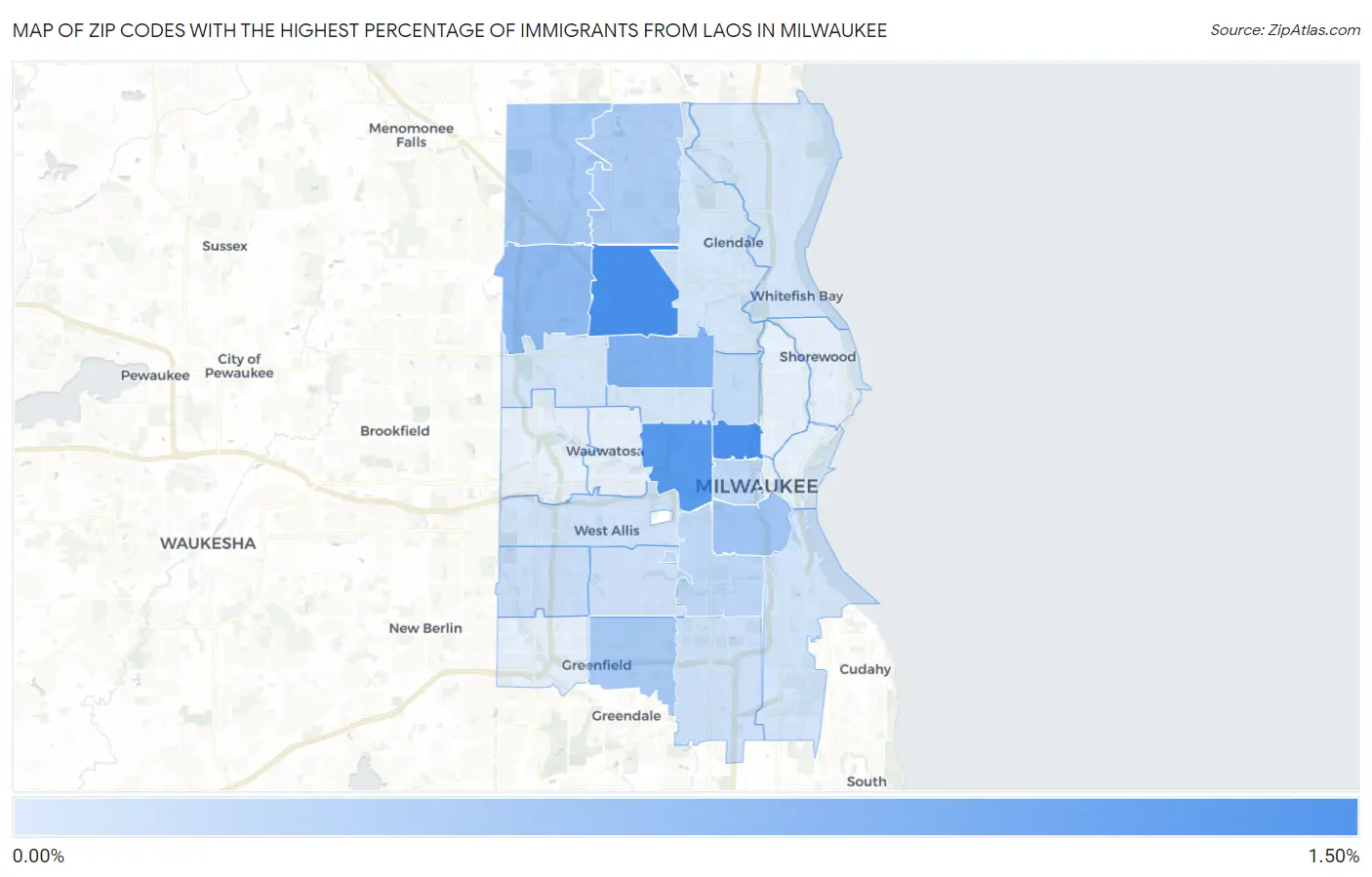 Zip Codes with the Highest Percentage of Immigrants from Laos in Milwaukee Map