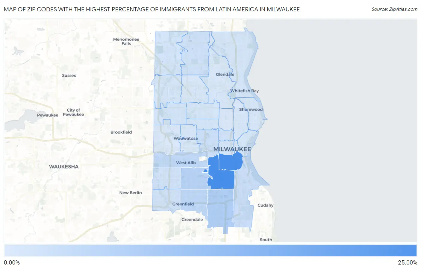 Zip Codes with the Highest Percentage of Immigrants from Latin America in Milwaukee Map