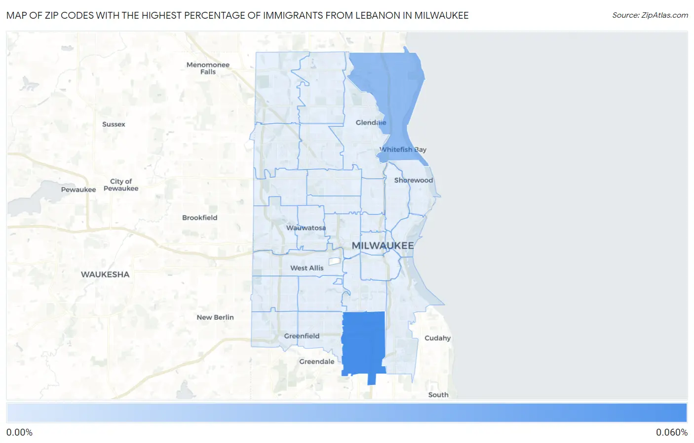Zip Codes with the Highest Percentage of Immigrants from Lebanon in Milwaukee Map