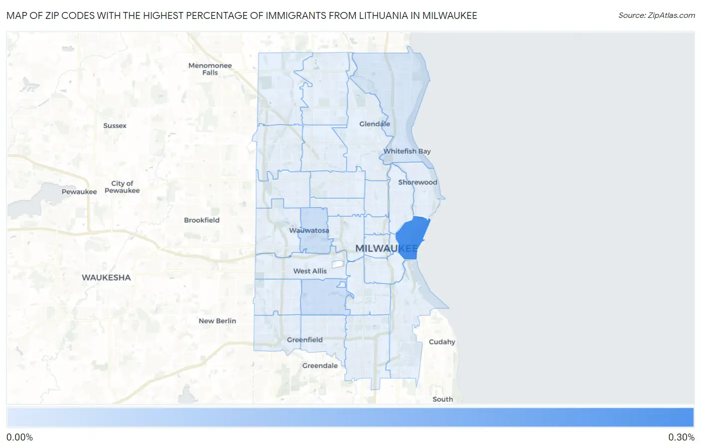 Zip Codes with the Highest Percentage of Immigrants from Lithuania in Milwaukee Map