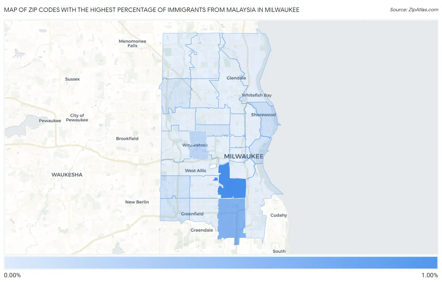 Zip Codes with the Highest Percentage of Immigrants from Malaysia in Milwaukee Map