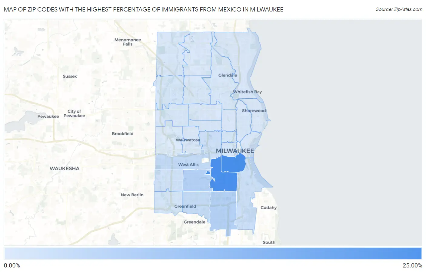 Zip Codes with the Highest Percentage of Immigrants from Mexico in Milwaukee Map