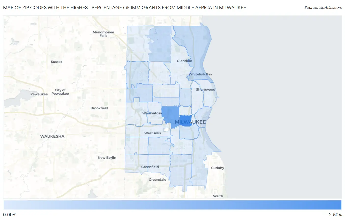 Zip Codes with the Highest Percentage of Immigrants from Middle Africa in Milwaukee Map