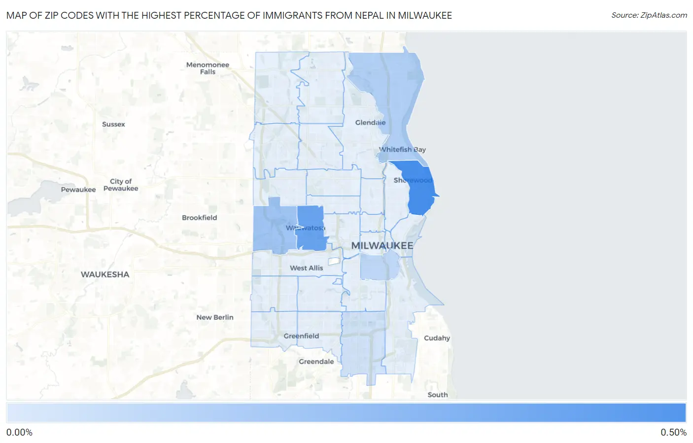 Zip Codes with the Highest Percentage of Immigrants from Nepal in Milwaukee Map