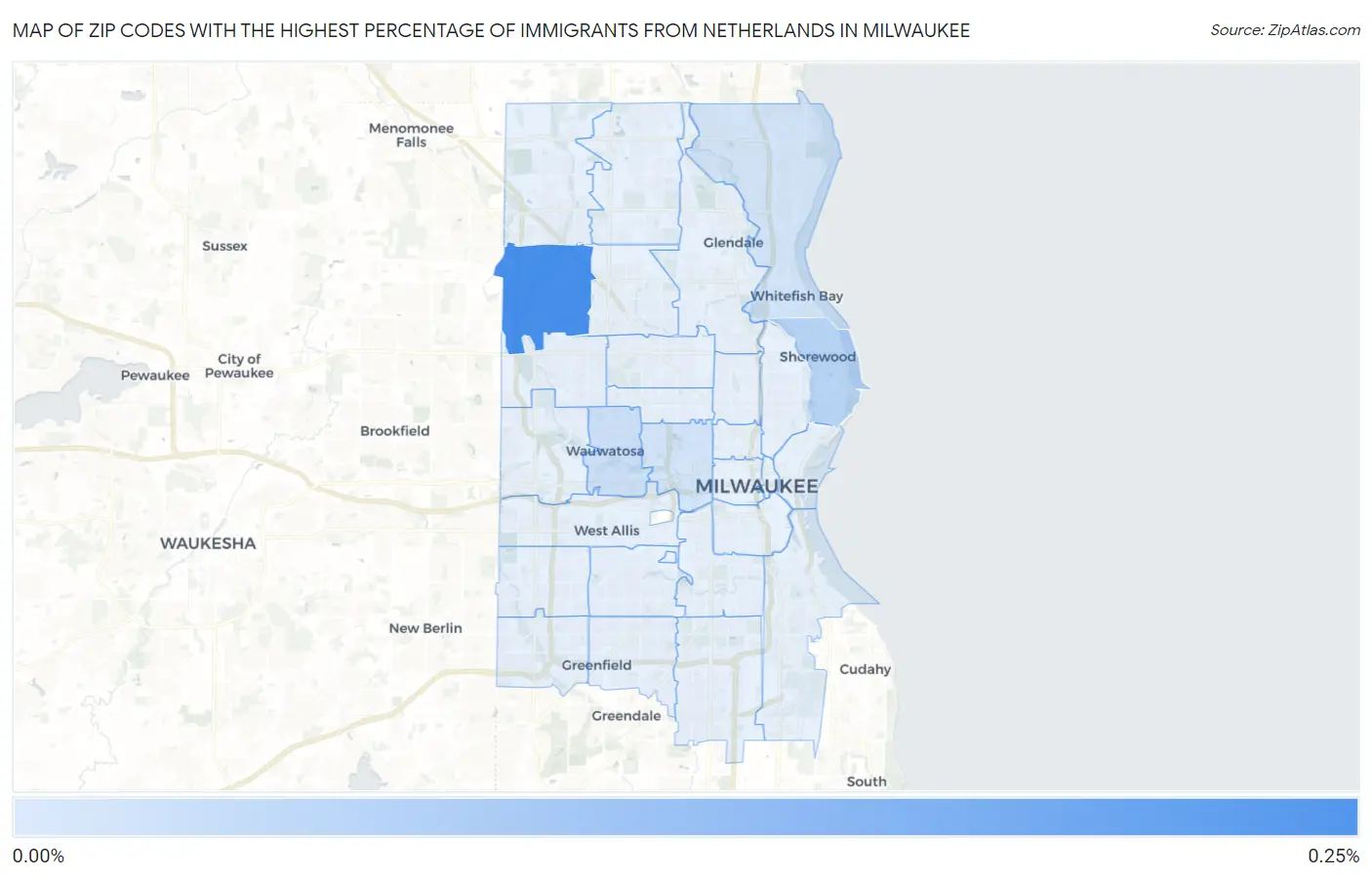 Zip Codes with the Highest Percentage of Immigrants from Netherlands in Milwaukee Map
