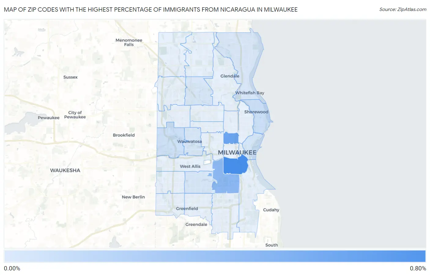 Zip Codes with the Highest Percentage of Immigrants from Nicaragua in Milwaukee Map