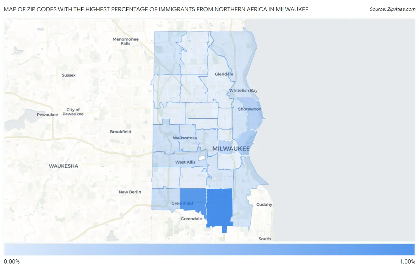 Zip Codes with the Highest Percentage of Immigrants from Northern Africa in Milwaukee Map