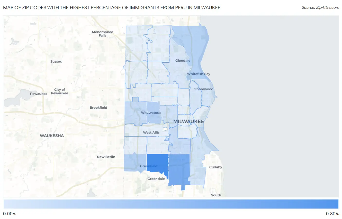 Zip Codes with the Highest Percentage of Immigrants from Peru in Milwaukee Map
