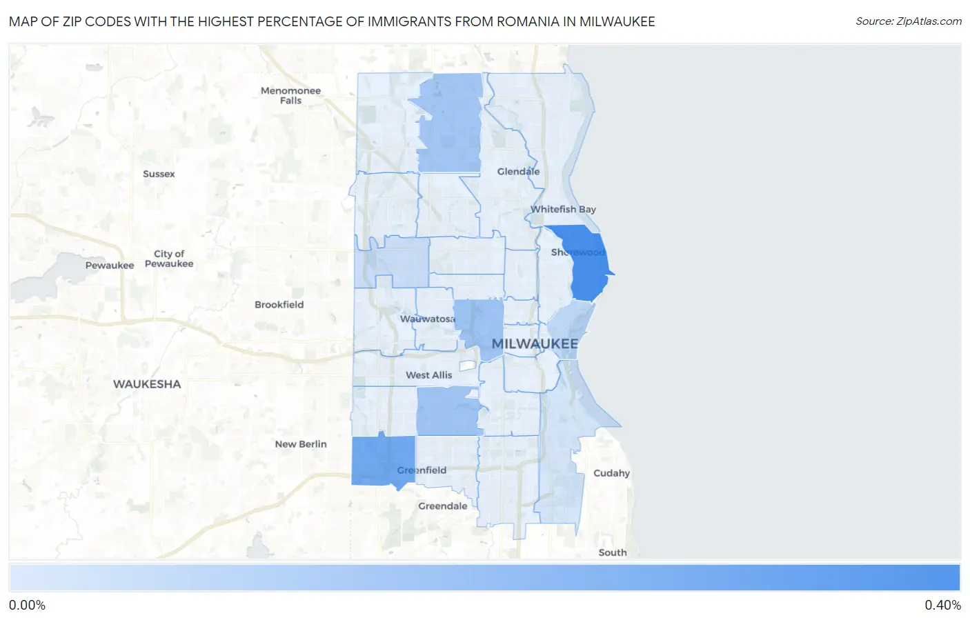 Zip Codes with the Highest Percentage of Immigrants from Romania in Milwaukee Map