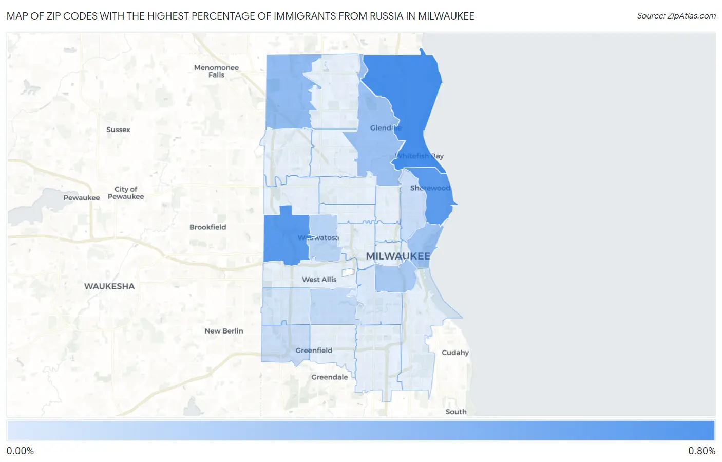 Zip Codes with the Highest Percentage of Immigrants from Russia in Milwaukee Map