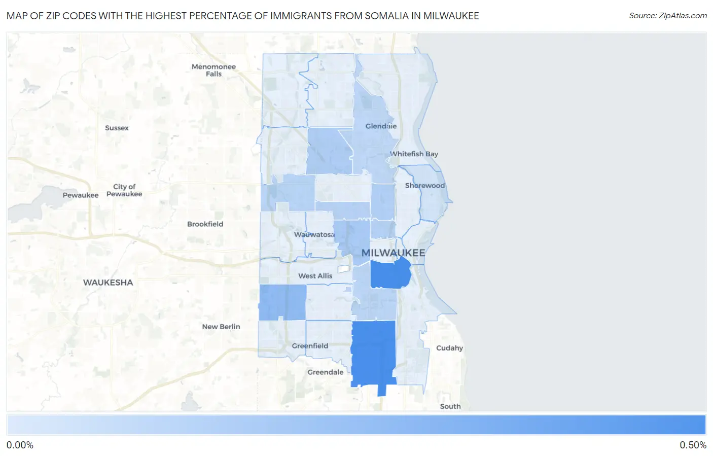 Zip Codes with the Highest Percentage of Immigrants from Somalia in Milwaukee Map