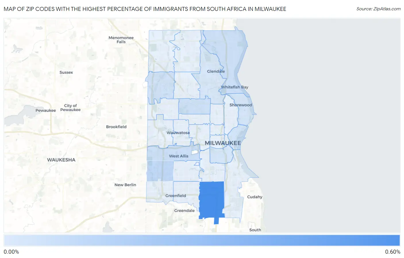 Zip Codes with the Highest Percentage of Immigrants from South Africa in Milwaukee Map