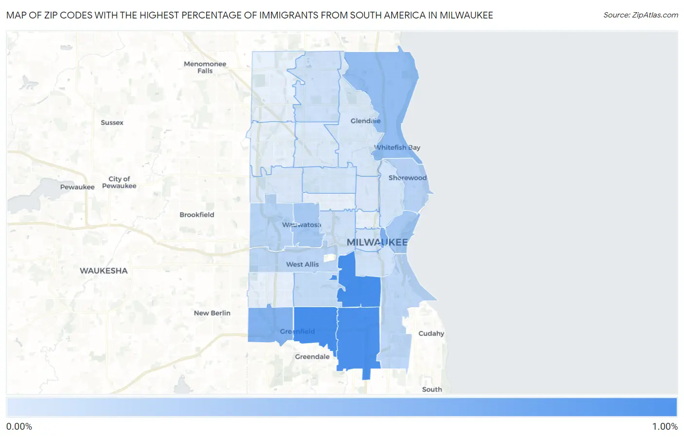 Zip Codes with the Highest Percentage of Immigrants from South America in Milwaukee Map