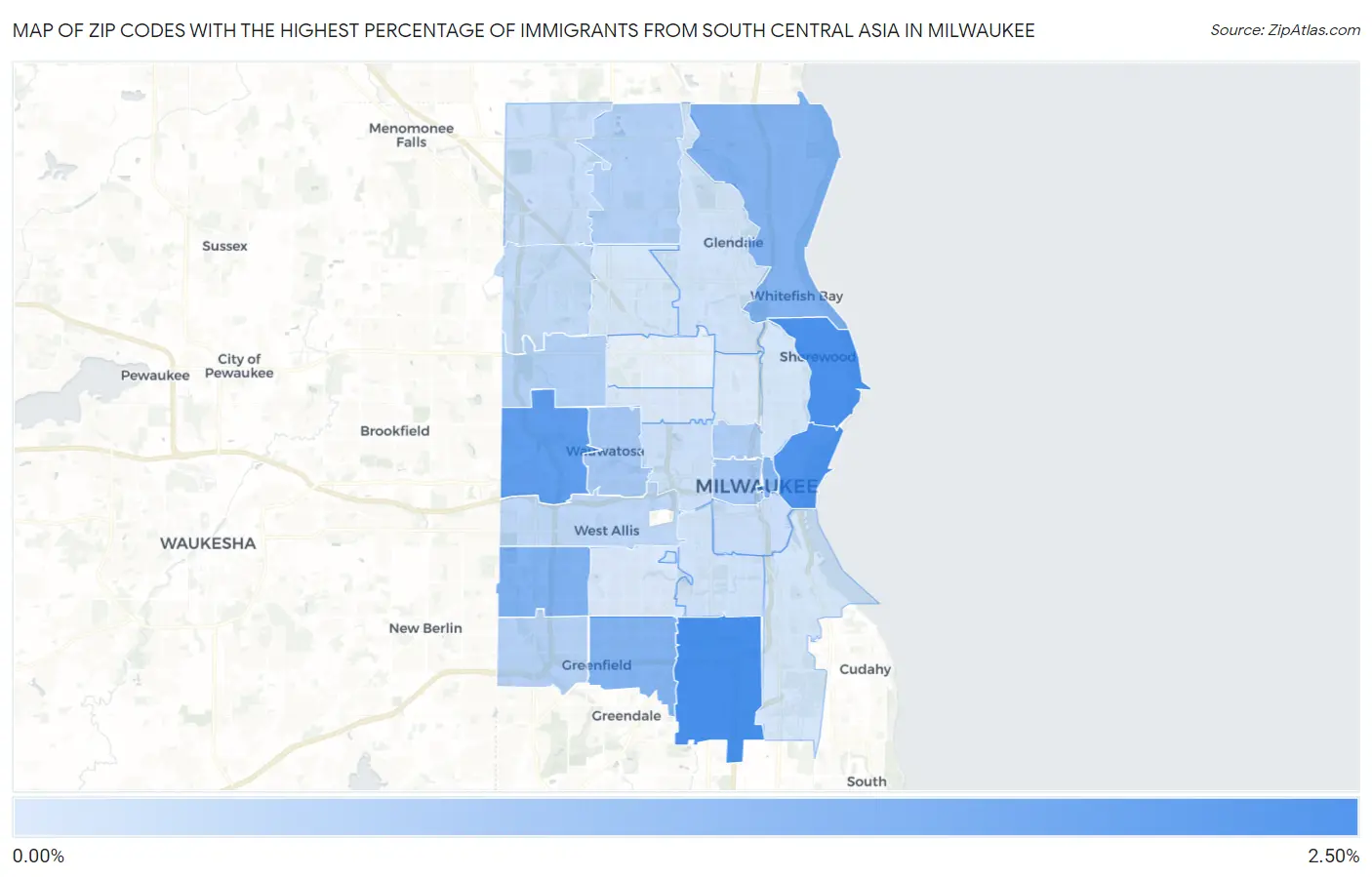 Zip Codes with the Highest Percentage of Immigrants from South Central Asia in Milwaukee Map