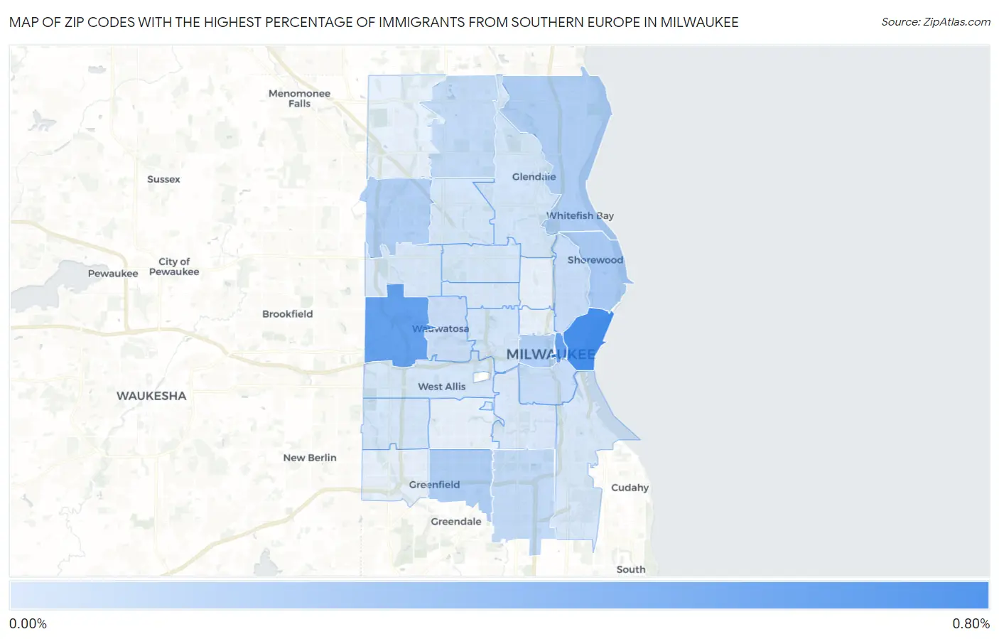 Zip Codes with the Highest Percentage of Immigrants from Southern Europe in Milwaukee Map