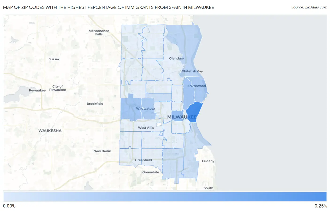 Zip Codes with the Highest Percentage of Immigrants from Spain in Milwaukee Map