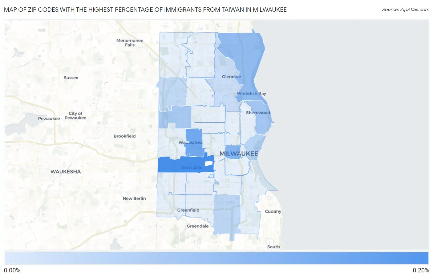 Zip Codes with the Highest Percentage of Immigrants from Taiwan in Milwaukee Map