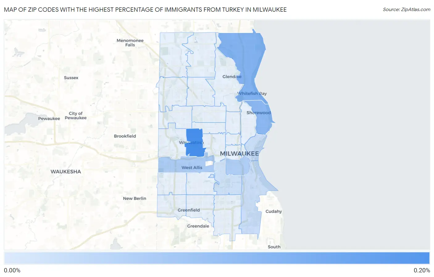 Zip Codes with the Highest Percentage of Immigrants from Turkey in Milwaukee Map