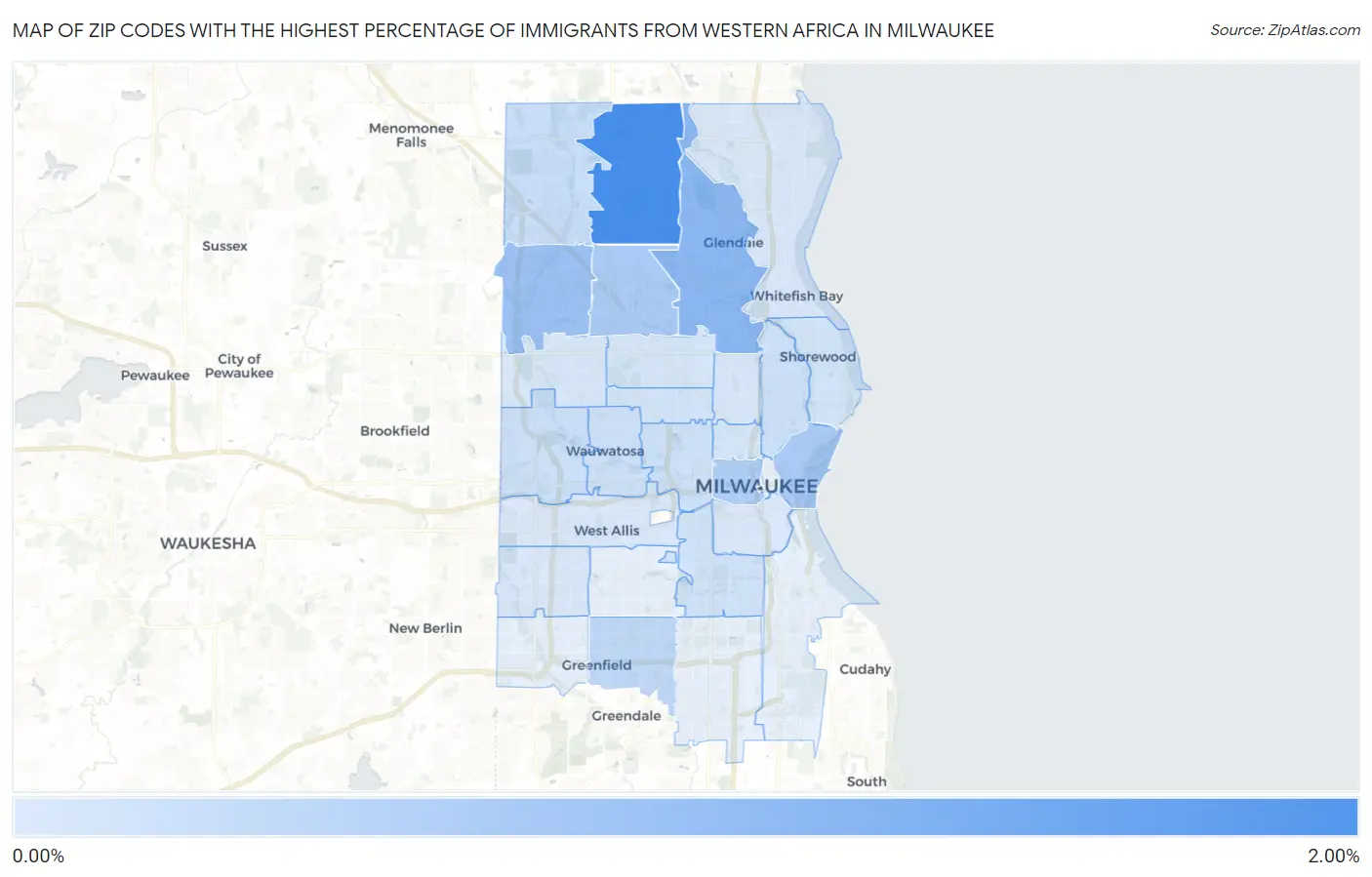 Zip Codes with the Highest Percentage of Immigrants from Western Africa in Milwaukee Map