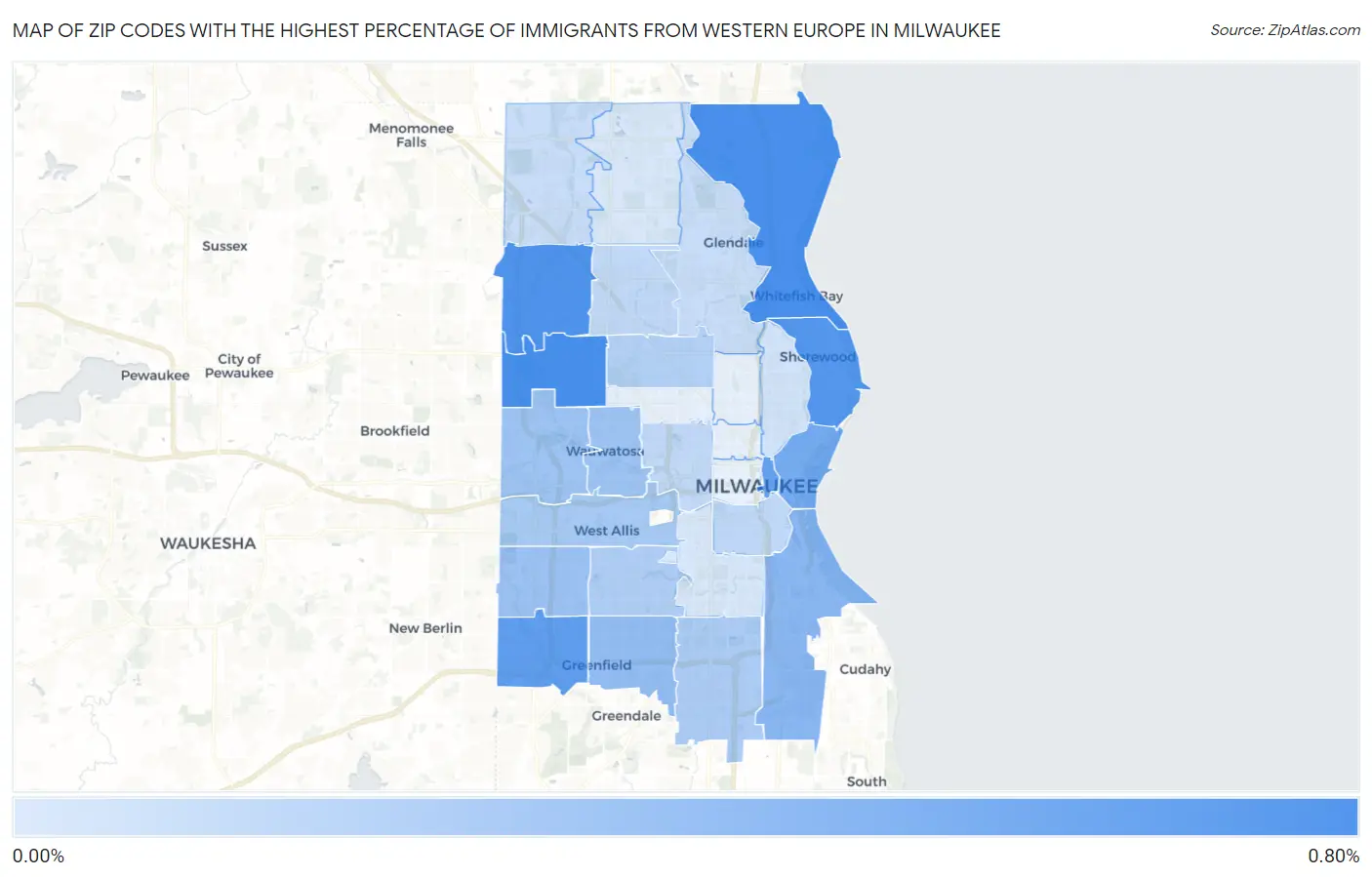 Zip Codes with the Highest Percentage of Immigrants from Western Europe in Milwaukee Map