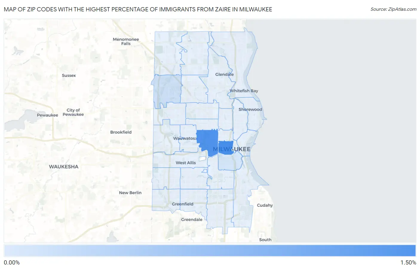 Zip Codes with the Highest Percentage of Immigrants from Zaire in Milwaukee Map