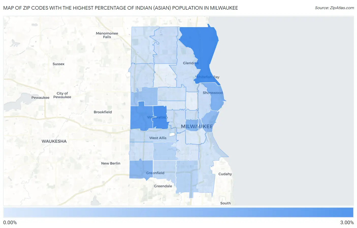Zip Codes with the Highest Percentage of Indian (Asian) Population in Milwaukee Map