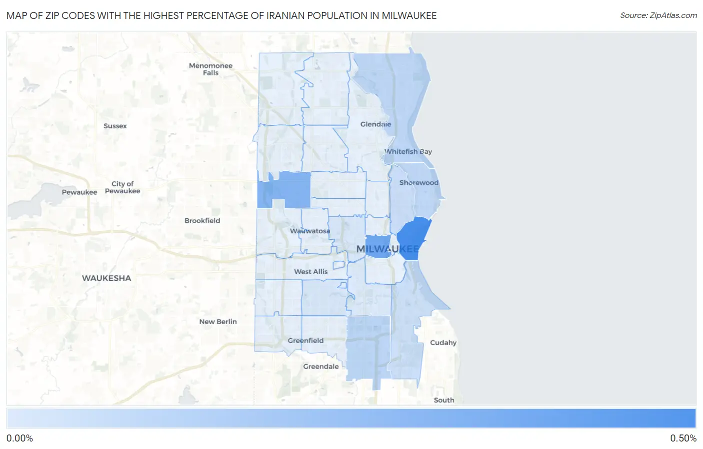 Zip Codes with the Highest Percentage of Iranian Population in Milwaukee Map