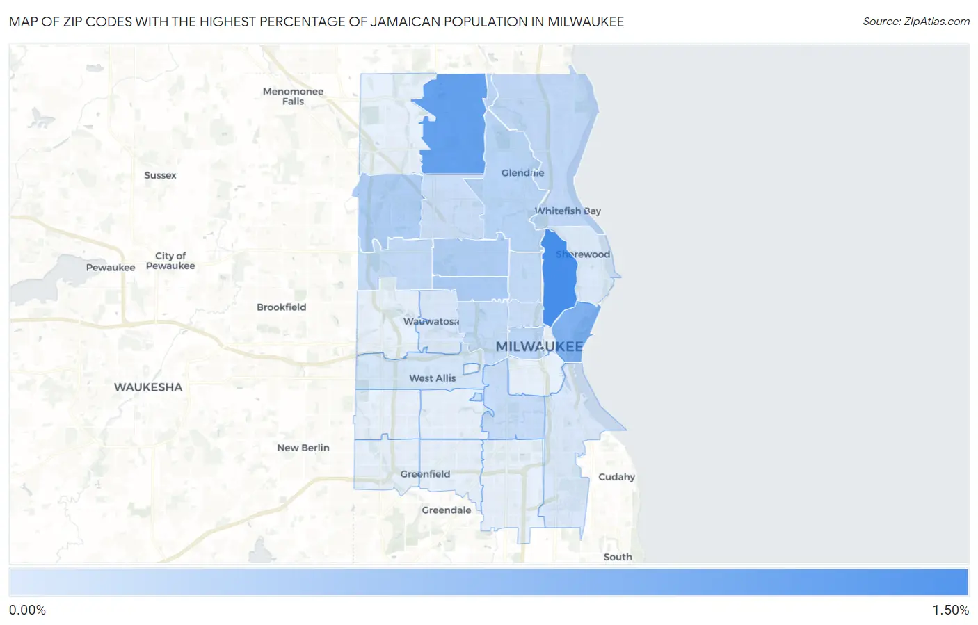 Zip Codes with the Highest Percentage of Jamaican Population in Milwaukee Map