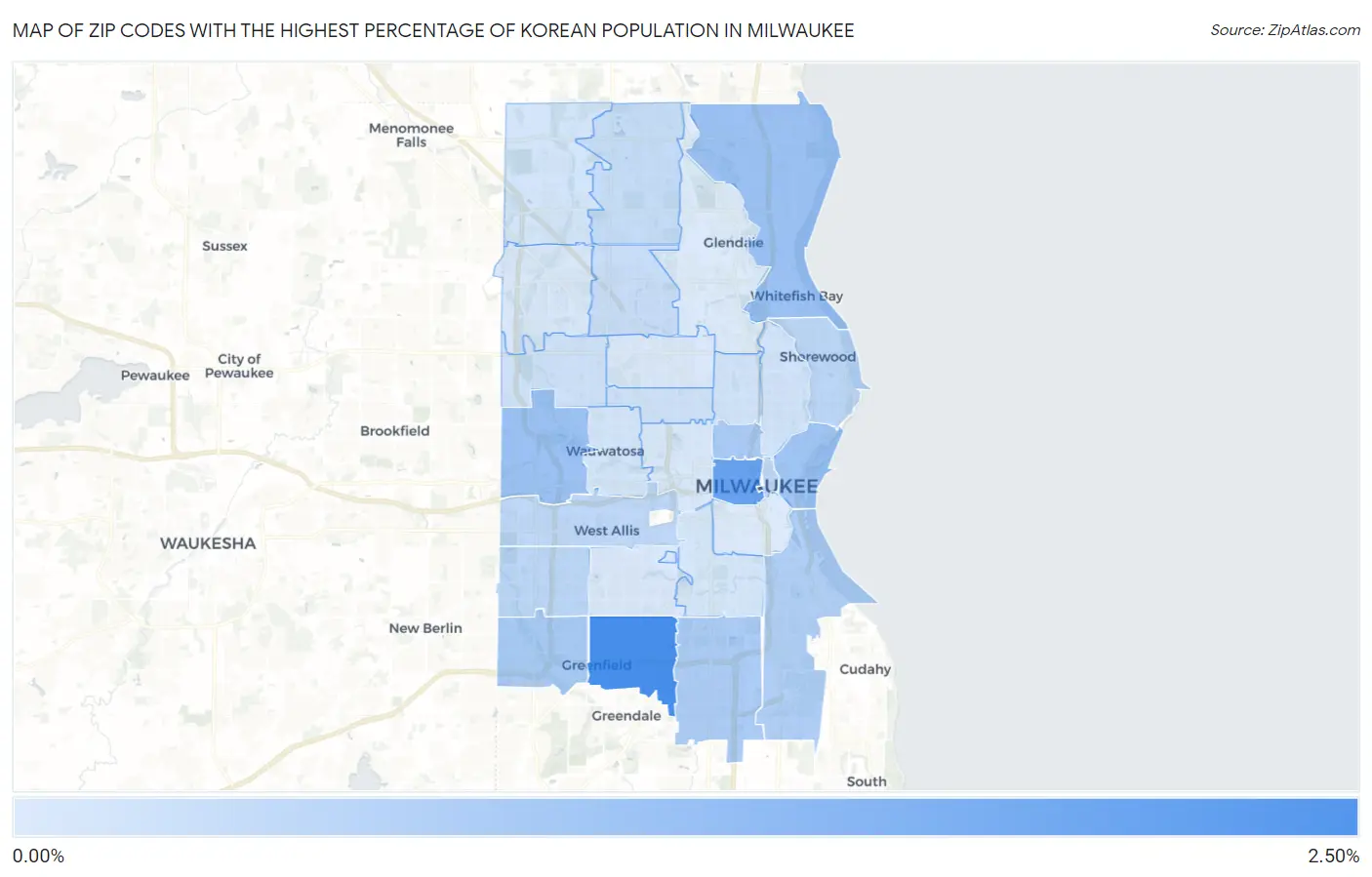 Zip Codes with the Highest Percentage of Korean Population in Milwaukee Map