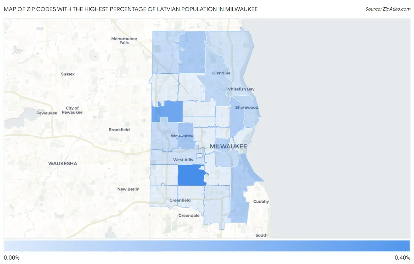 Zip Codes with the Highest Percentage of Latvian Population in Milwaukee Map