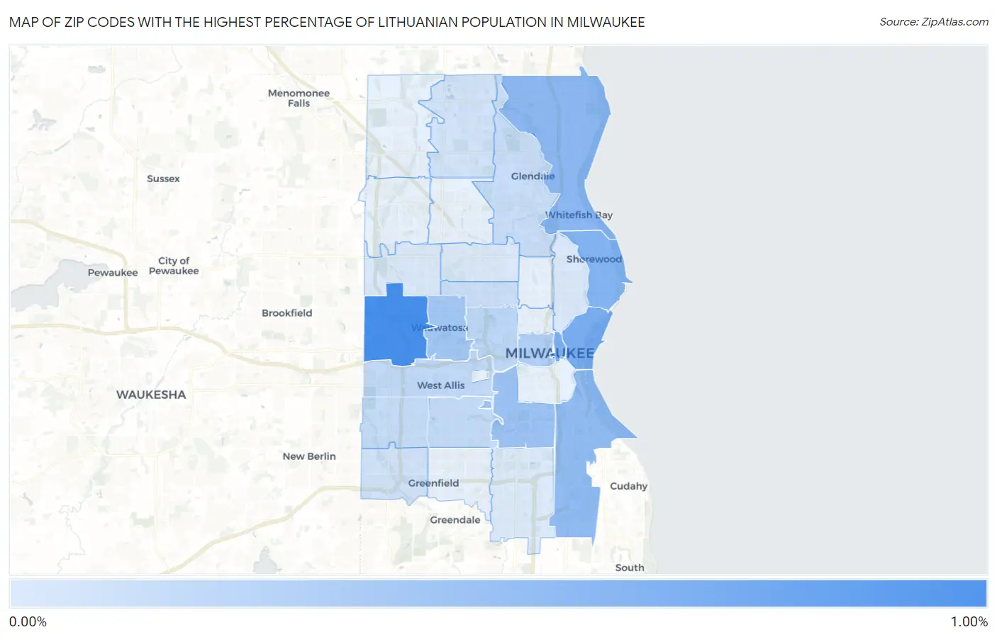 Zip Codes with the Highest Percentage of Lithuanian Population in Milwaukee Map
