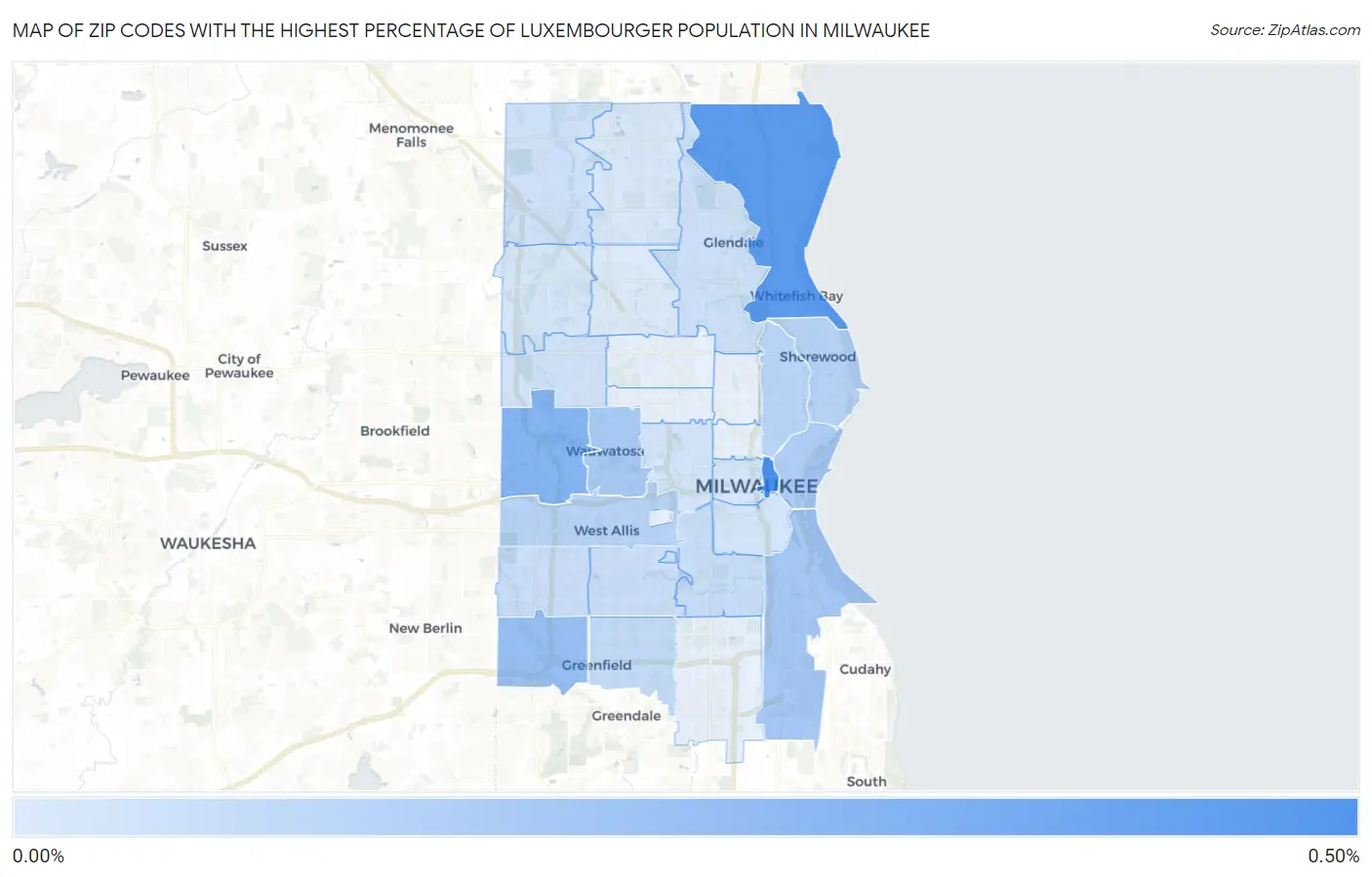Zip Codes with the Highest Percentage of Luxembourger Population in Milwaukee Map