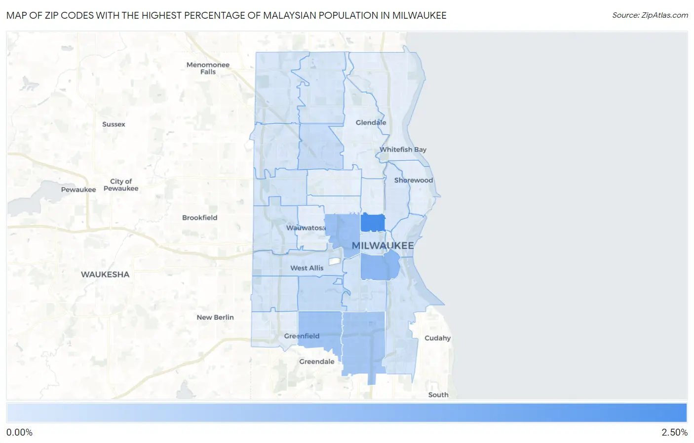Zip Codes with the Highest Percentage of Malaysian Population in Milwaukee Map
