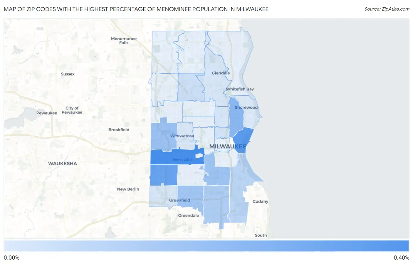 Zip Codes with the Highest Percentage of Menominee Population in Milwaukee Map