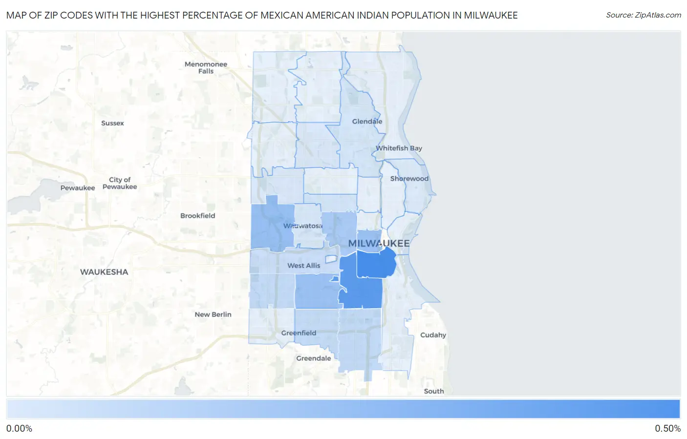 Zip Codes with the Highest Percentage of Mexican American Indian Population in Milwaukee Map