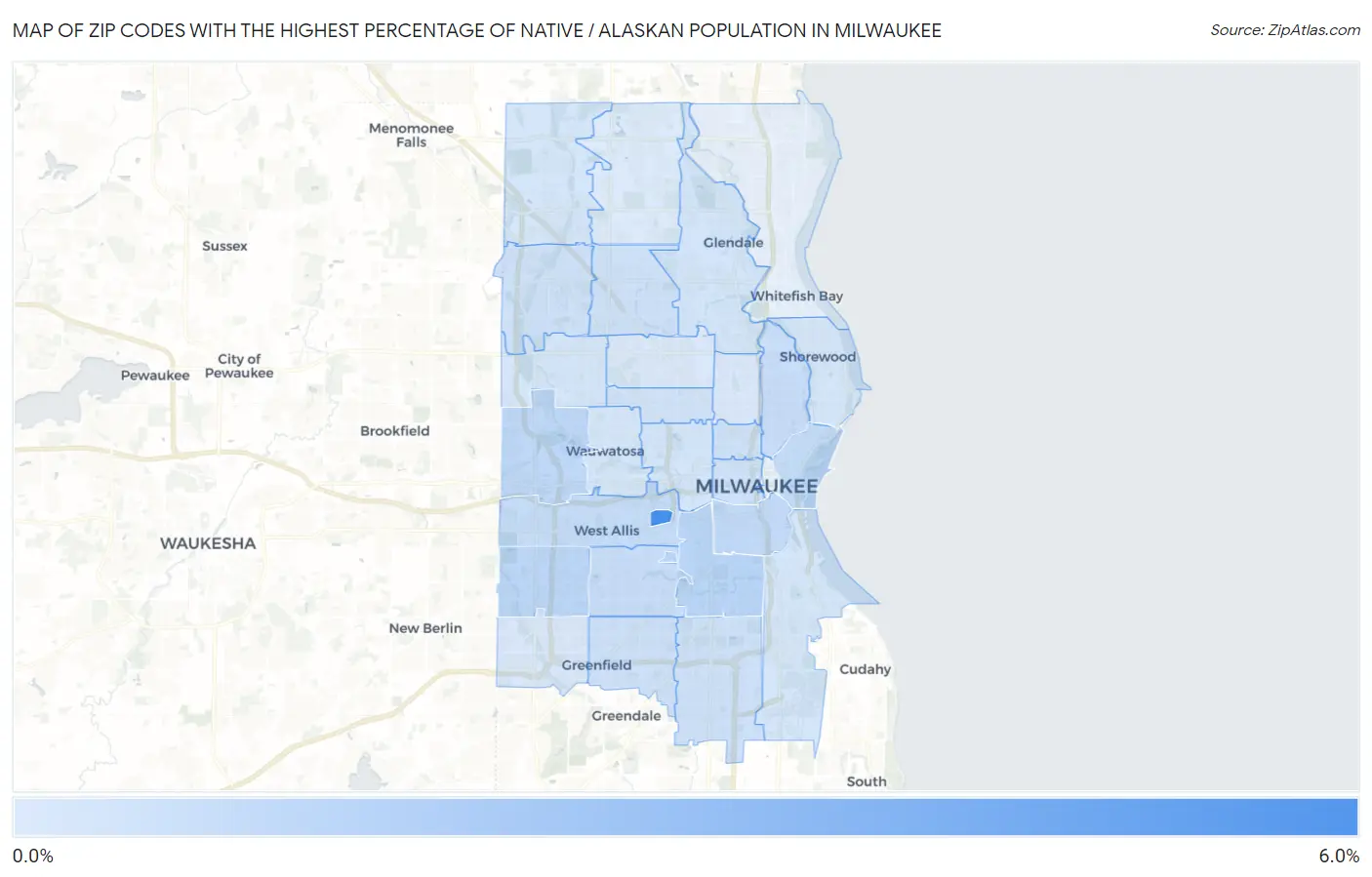 Zip Codes with the Highest Percentage of Native / Alaskan Population in Milwaukee Map