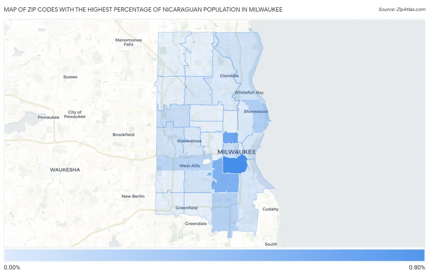 Zip Codes with the Highest Percentage of Nicaraguan Population in Milwaukee Map