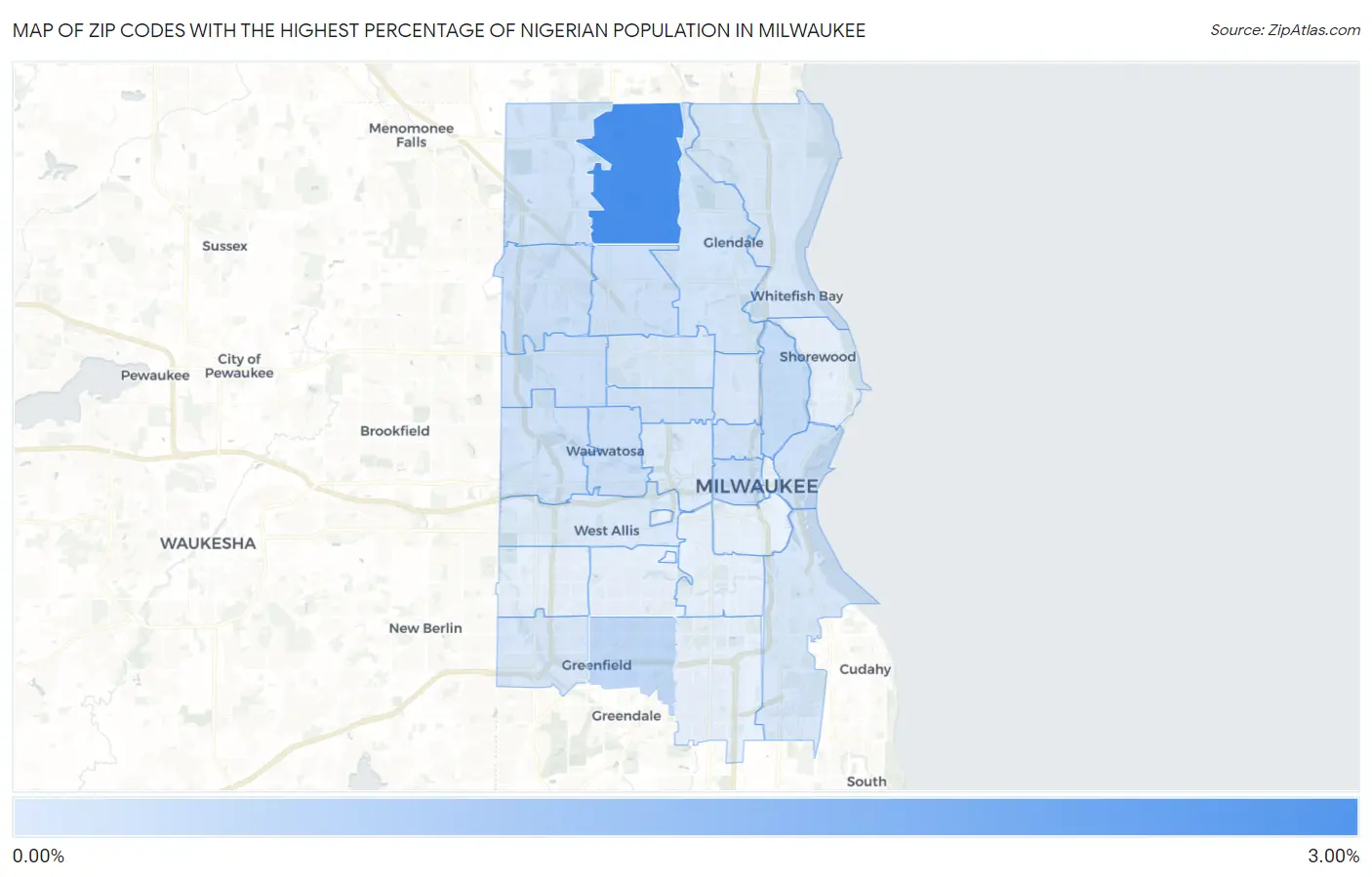 Zip Codes with the Highest Percentage of Nigerian Population in Milwaukee Map