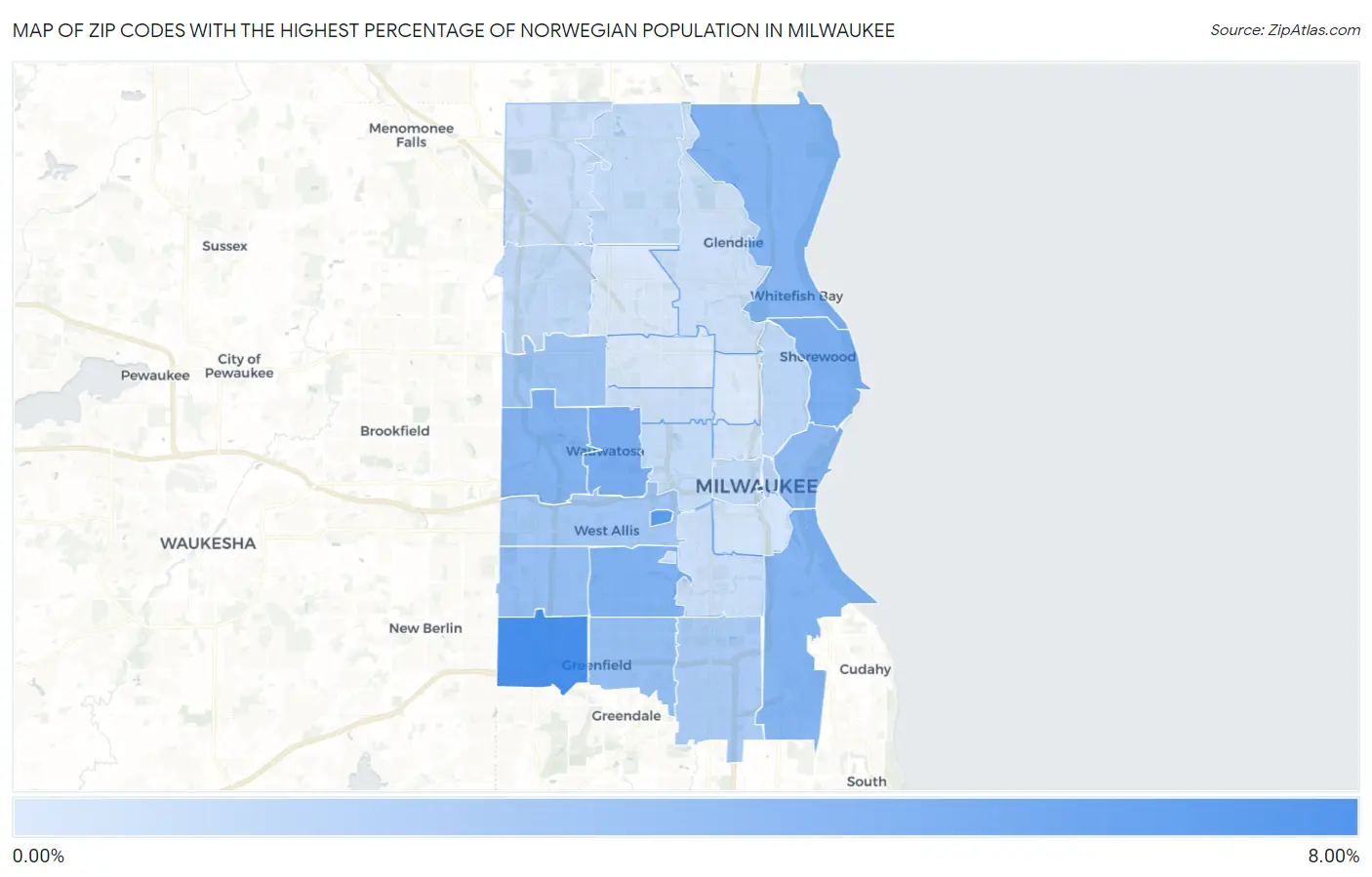 Zip Codes with the Highest Percentage of Norwegian Population in Milwaukee Map