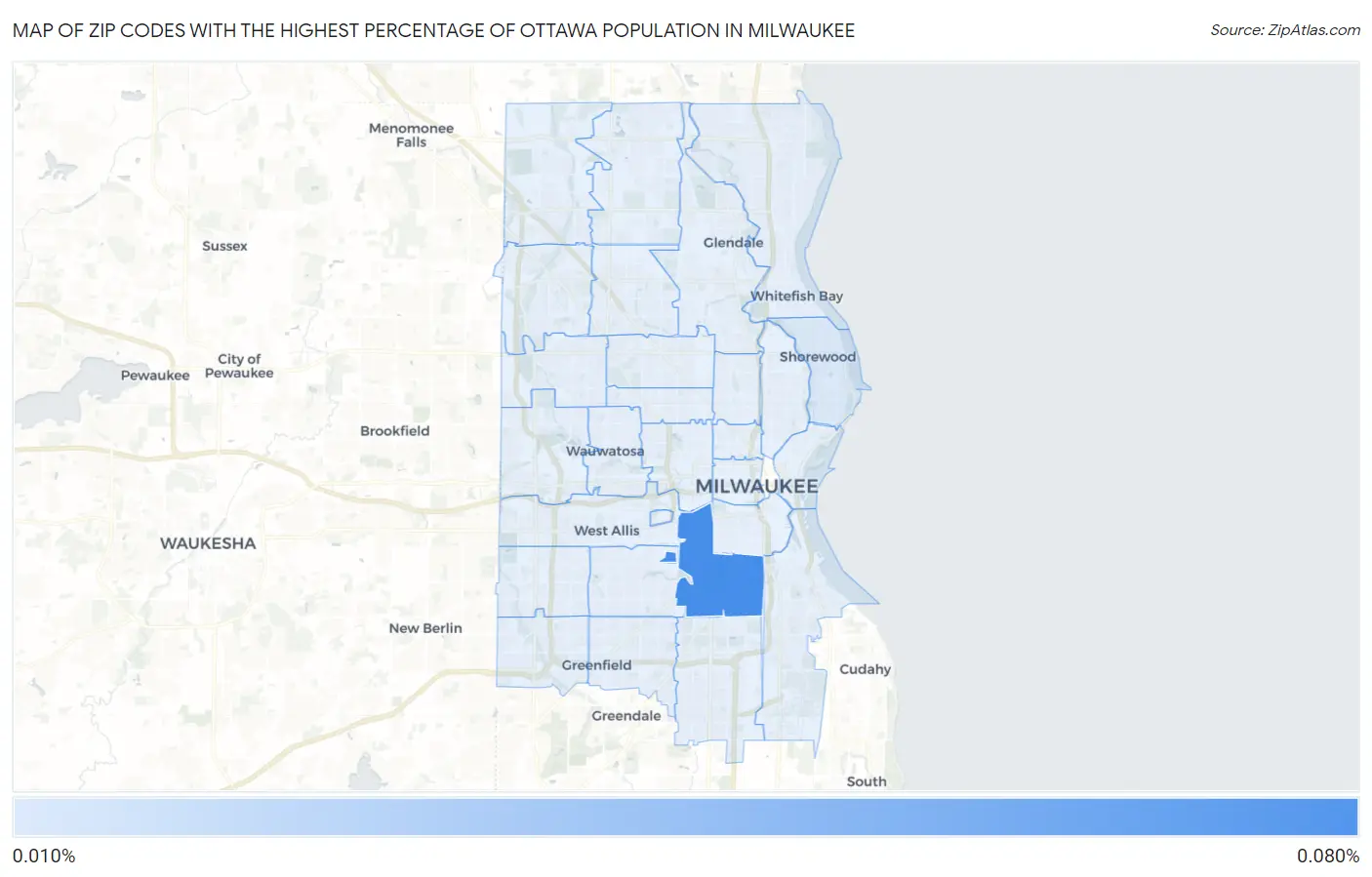 Zip Codes with the Highest Percentage of Ottawa Population in Milwaukee Map