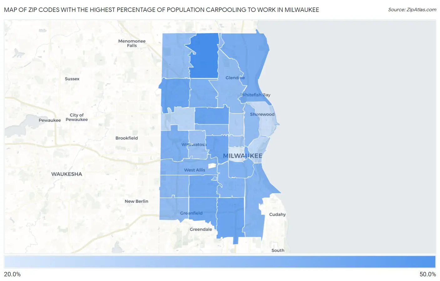 Zip Codes with the Highest Percentage of Population Carpooling to Work in Milwaukee Map