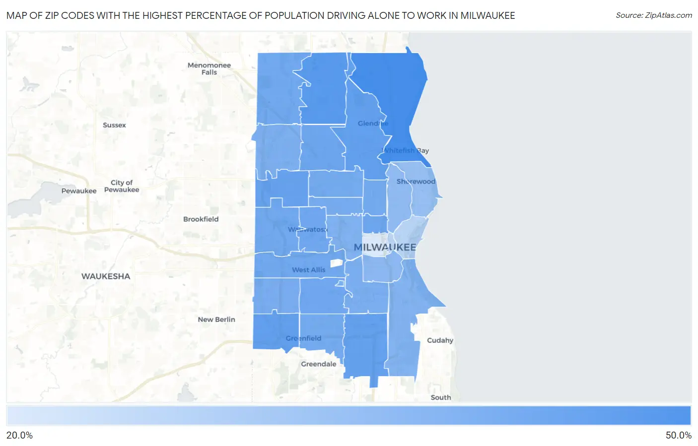 Zip Codes with the Highest Percentage of Population Driving Alone to Work in Milwaukee Map