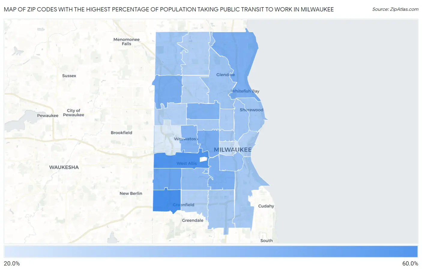 Zip Codes with the Highest Percentage of Population Taking Public Transit to Work in Milwaukee Map
