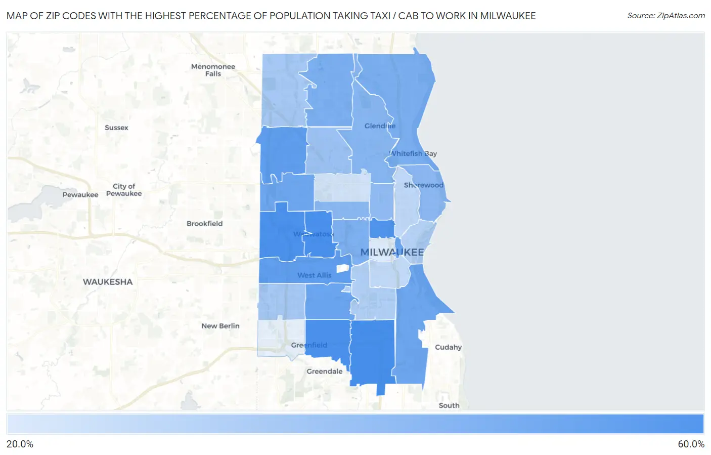 Zip Codes with the Highest Percentage of Population Taking Taxi / Cab to Work in Milwaukee Map
