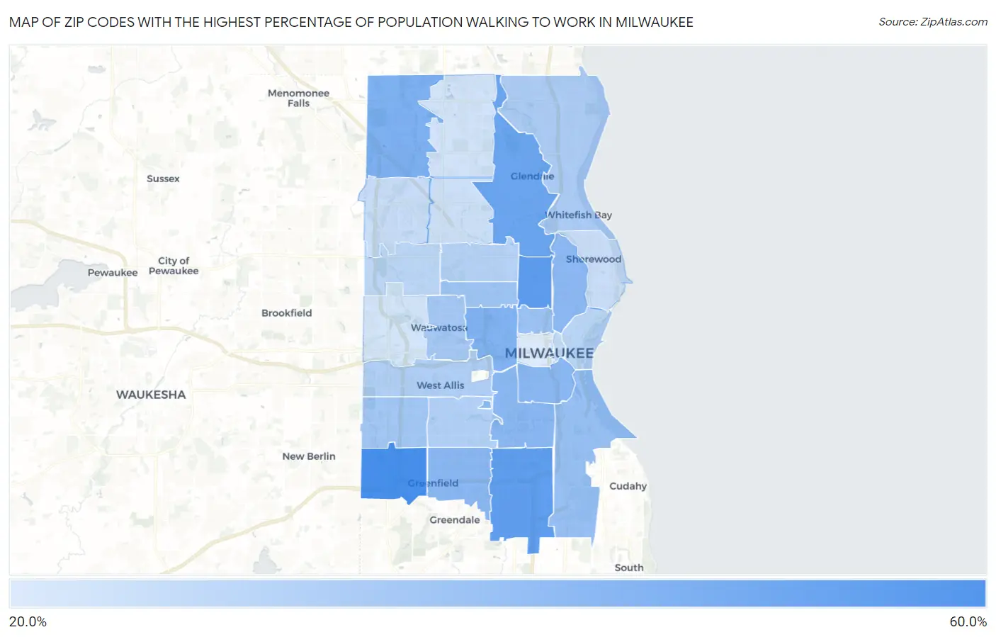 Zip Codes with the Highest Percentage of Population Walking to Work in Milwaukee Map
