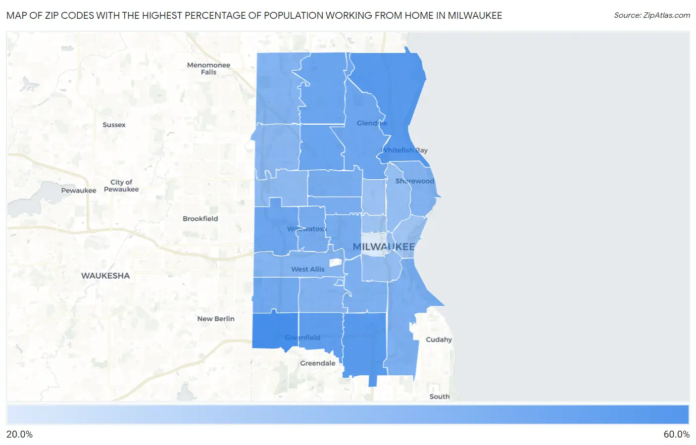 Zip Codes with the Highest Percentage of Population Working from Home in Milwaukee Map