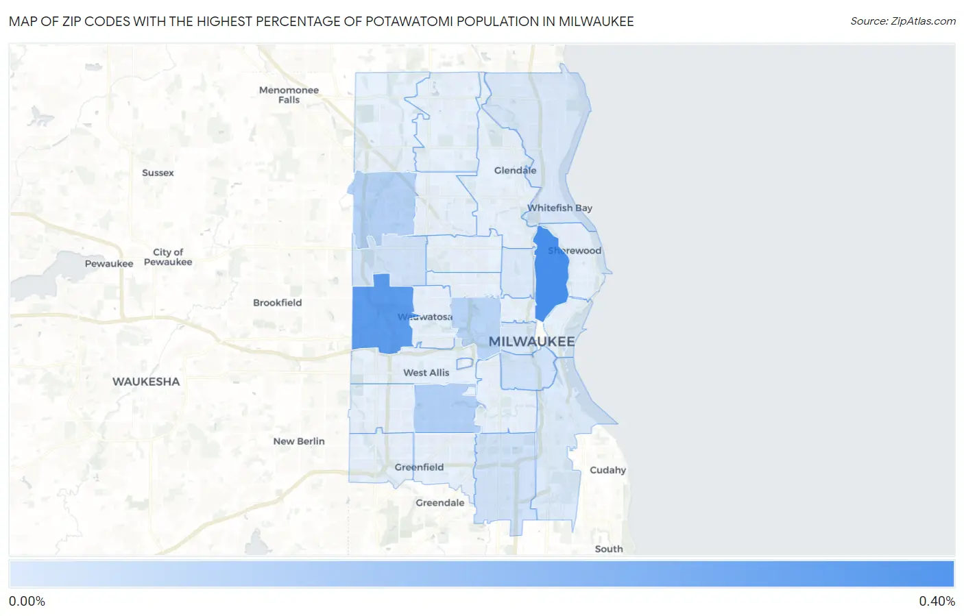 Zip Codes with the Highest Percentage of Potawatomi Population in Milwaukee Map