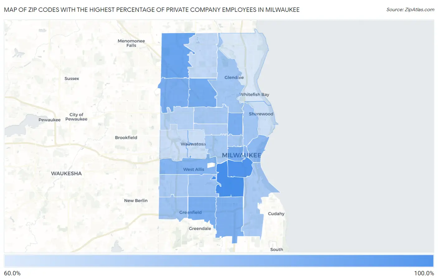 Zip Codes with the Highest Percentage of Private Company Employees in Milwaukee Map