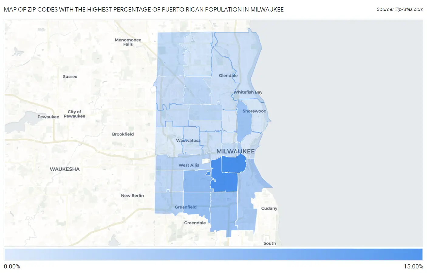 Zip Codes with the Highest Percentage of Puerto Rican Population in Milwaukee Map