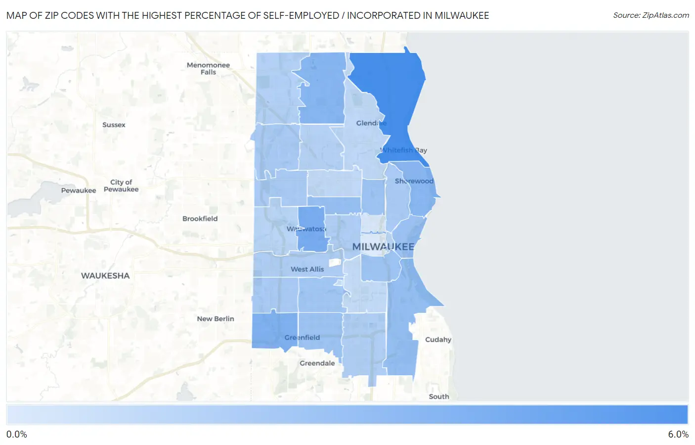 Zip Codes with the Highest Percentage of Self-Employed / Incorporated in Milwaukee Map